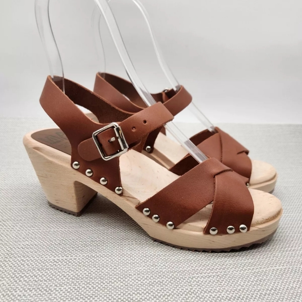 Mia Gertrude size 39 swedish clog sandals brown Luggage Leather Wood Boho